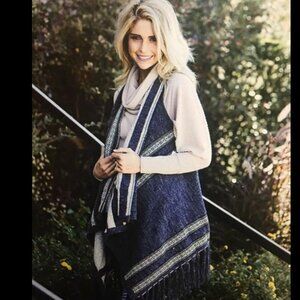 Anthro Paper Crane Sleeveless Sweater Vest Poncho Wrap Western Blue Fringe‎ M
